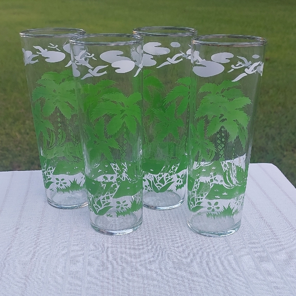 Vintage Libbey Tropical Palm Trees Tom Collins Glasses - Set of 4